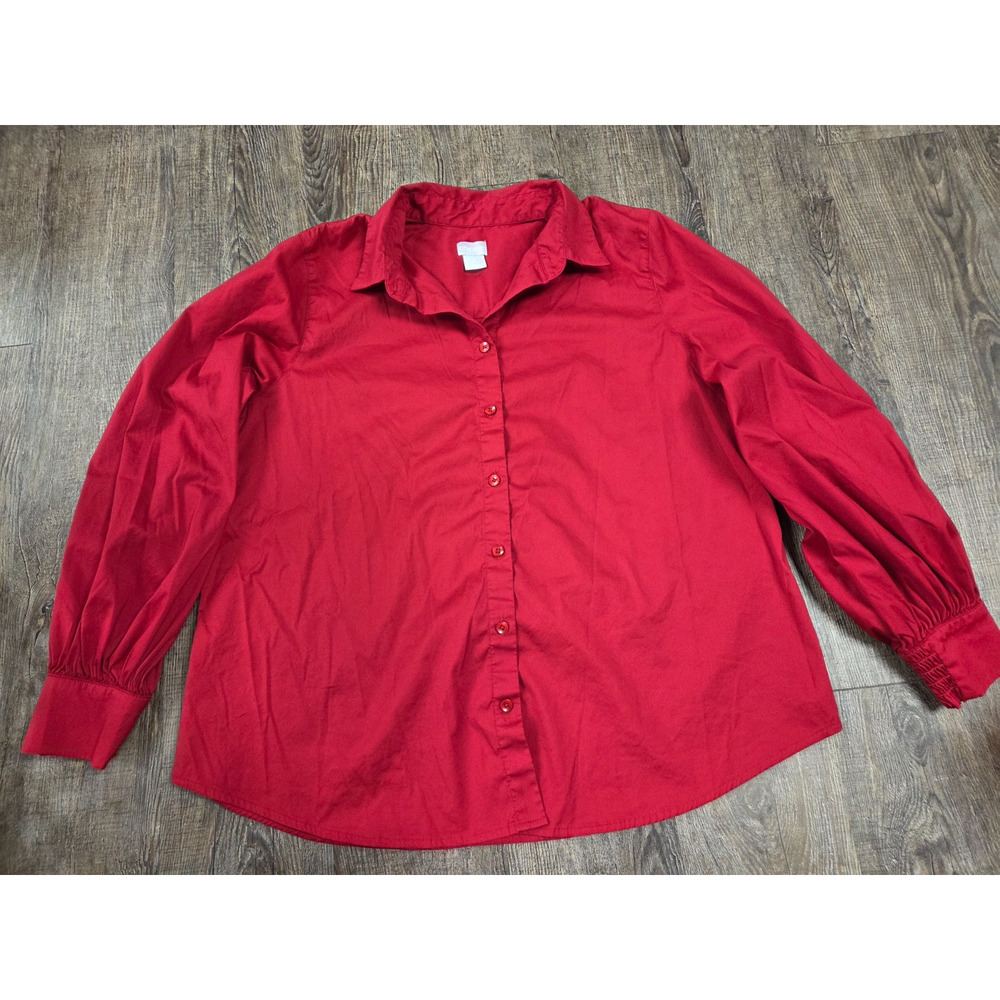 Chico's Dark Solid Red Button Front Long Sleeve Blouse Shirt Size 3 - XL 16/18